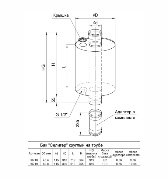 Бак "Селигер" 45л круглый на трубе Ф115 (AISI 201/1.0) 